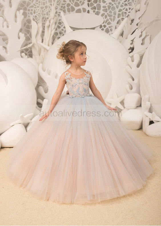 Beaded Light Blue Lace Tulle Chic Flower Girl Dress